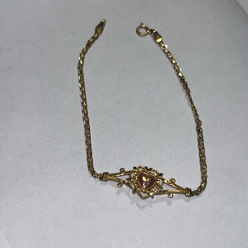 14K VINTAGE HEART BRACELET YELLOW & ROSE GOLD 7" INCH